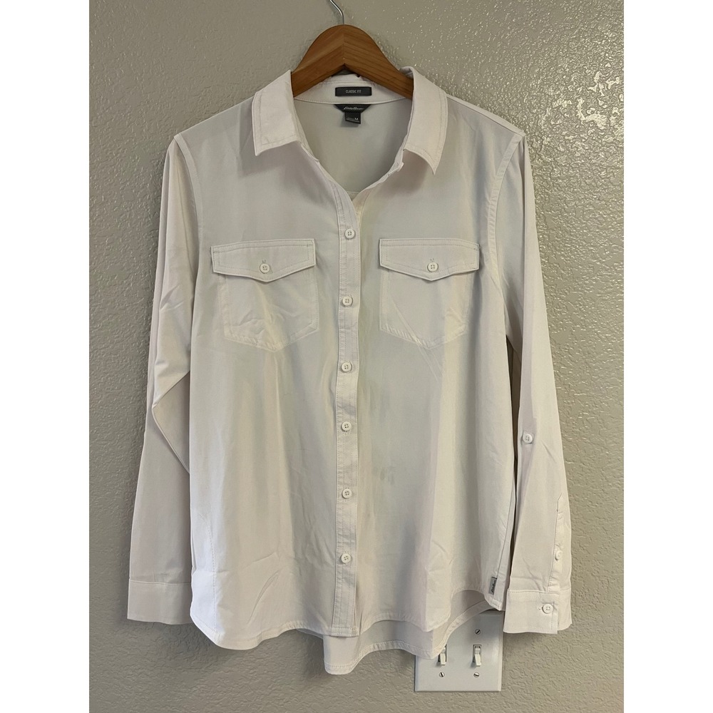 Eddie Bauer Departure Shirt Womens Medium White Long Sleeve Button Up Stretch
